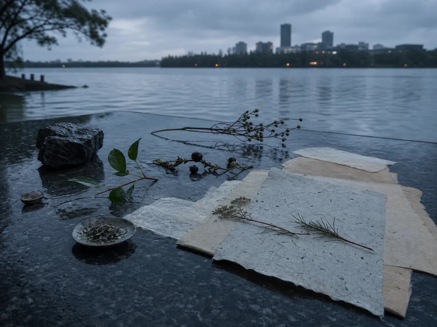 藏墨香气方向的雨后湖面、纸张、石材与植物视觉示意